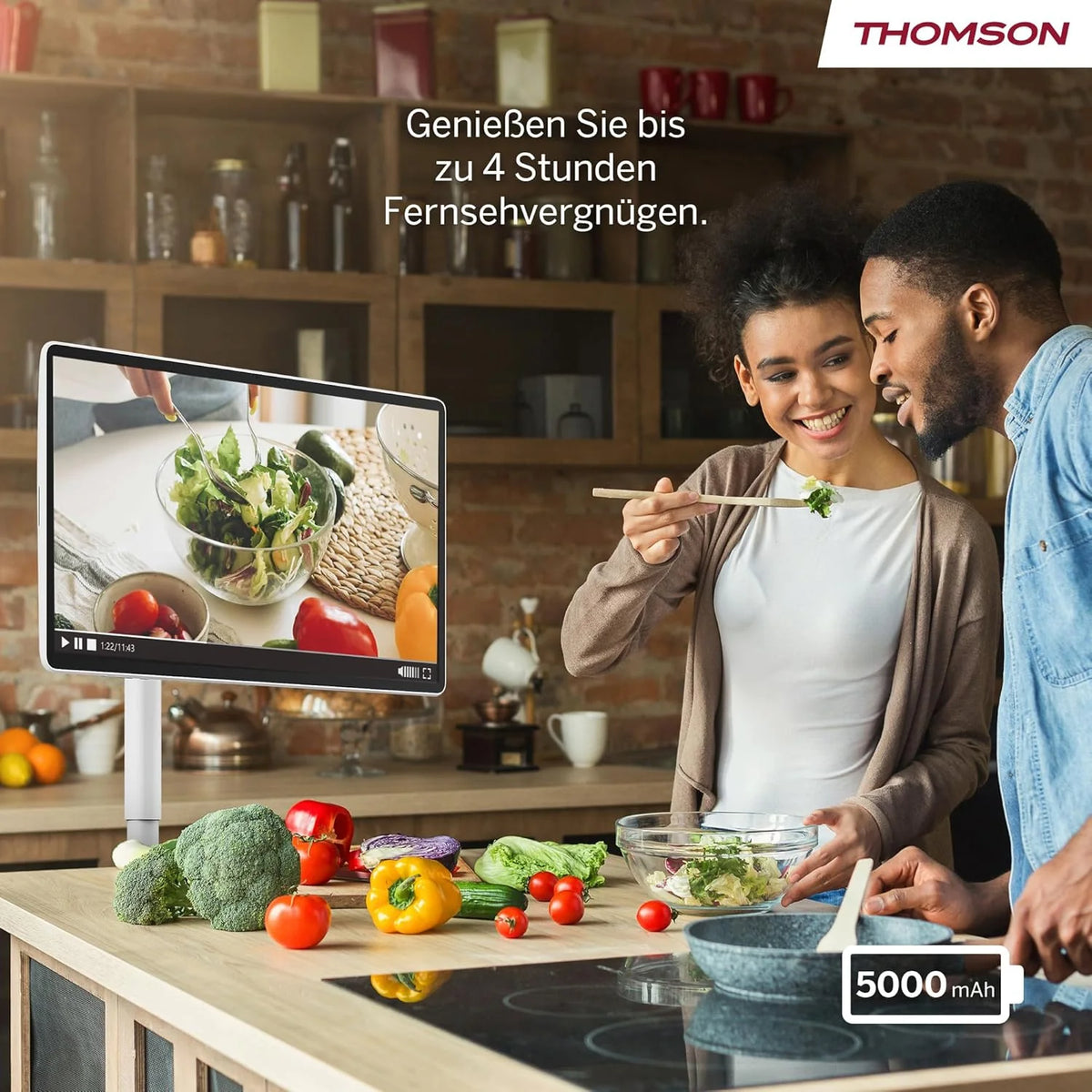 Thomson Go Plus Pro 27-calowy (69 cm) 4K UHD Inteligentny Ekran Dotykowy, Android, Sterowanie Głosowe, Hotspot, Bateria 9000 mAh, Kamera 5MP, Subwoofer, WiFi 6, Bluetooth, Przenośny Stojak