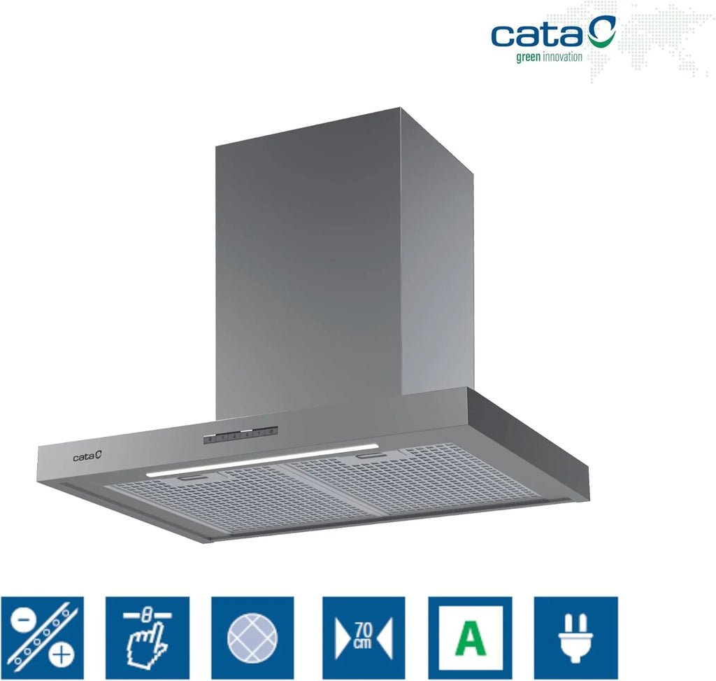 Cata Sygma okap ścienny 7010 X 4 poziomy demontażu 3+1 TURBO Elektroniczny panel sterowania Silnik BT3 Extra Silent Oświetlenie Taśma LED Łatwa instalacja Szerokość 70 cm Kolor Stal nierdzewna