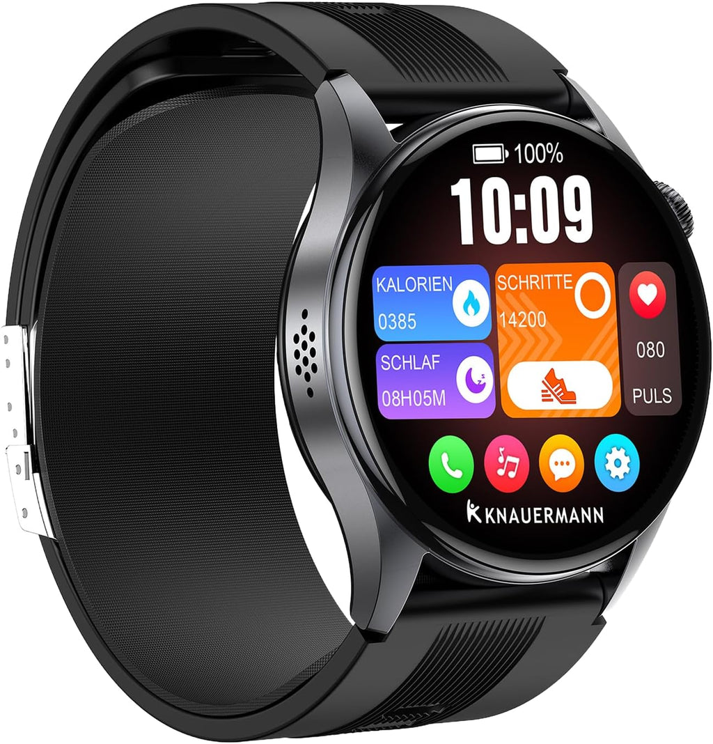 Knauermann PRO 4 Air (2026) Smartwatch i tracker fitness dla kobiet i mężczyzn, AMOLED zawsze włączony, IP66, Bluetooth 5.3, bateria do 25 dni, Android i iOS, czarny, okrągły, pakiet premium