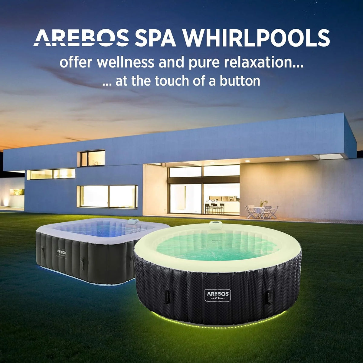 Arebos Nadmuchiwane Spa | Automatyczny nadmuchiwany | do wnętrz i na zewnątrz | 208 cm | 6 osób | Listwa świetlna LED | 130 dysz masujących | 1000 litrów | z pokrywką | Spa i dobre samopoczucie
