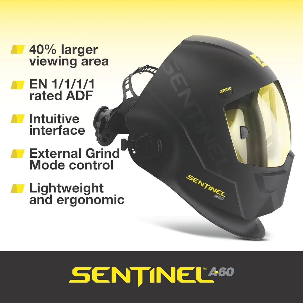 ESAB® Sentinel™ A60 kask spawalniczy, czarna, płaska konstrukcja, odporny na uderzenia nylon, duży obszar widzenia 11,8 x 7,1 cm