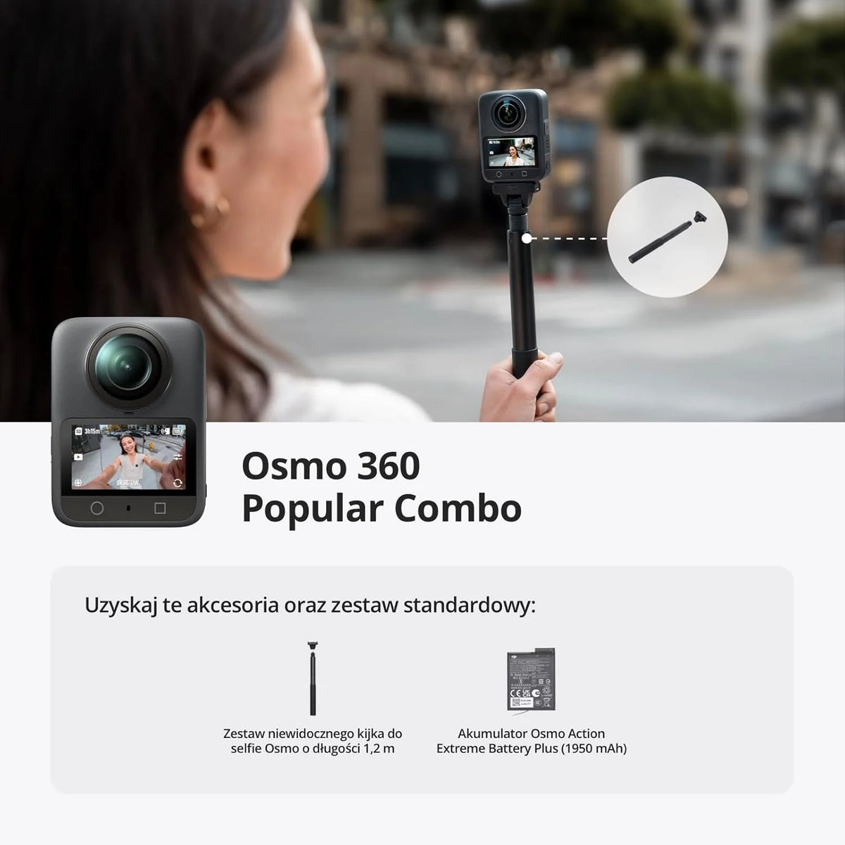 DJI Osmo 360 Essential Combo, kamera 360 z 1-calowym obrazowaniem 360°, natywne wideo 8K 360°, zestaw z niewidocznym selfie stickiem 1,2 m, wydłużony czas pracy z 2 akumulatorami