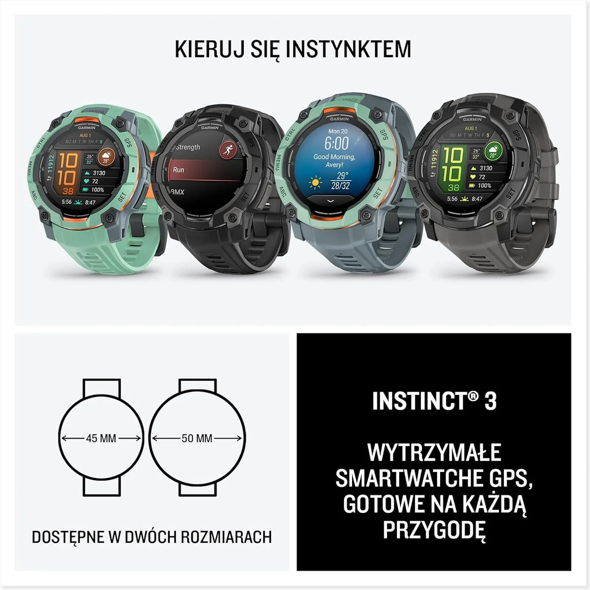 Garmin Instinct 3 SOLAR Wytrzymały Smartwatch GPS, 45 mm, Wbudowane Aplikacje Sportowe i Zdrowotne, Latarka LED, 10ATM, Sunburst