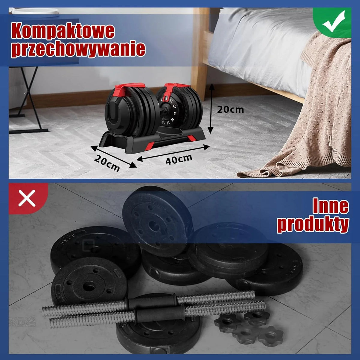DH FitLife 18kg/24 kg Regulowane hantle z podstawą do przechowywania – zestaw hantli z płytami wagowymi, regulowane krótkie hantle oszczędzające miejsce, zmienne ciężary 12 w 1