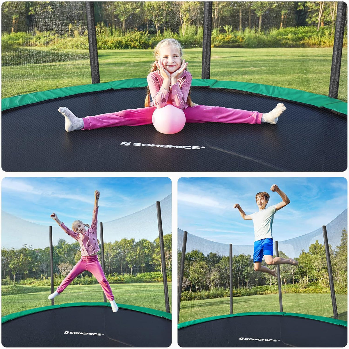 SONGMICS Trampolina ogrodowa o średnicy 183/244/305/366/427 cm, z siatką zabezpieczającą, drabinką i wyściełanymi drążkami, osłona bezpieczeństwa, zewnętrzna