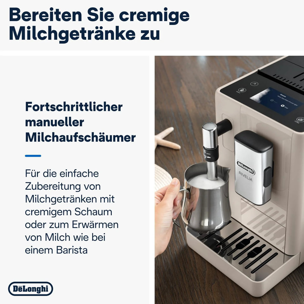 De'Longhi Rivelia EXAM440.35.BG, Superautomatyczny ekspres do kawy z ręcznym spieniaczem do mleka, kompaktowy rozmiar, 8 przepisów, kolorowy ekran dotykowy, beżowy piasek