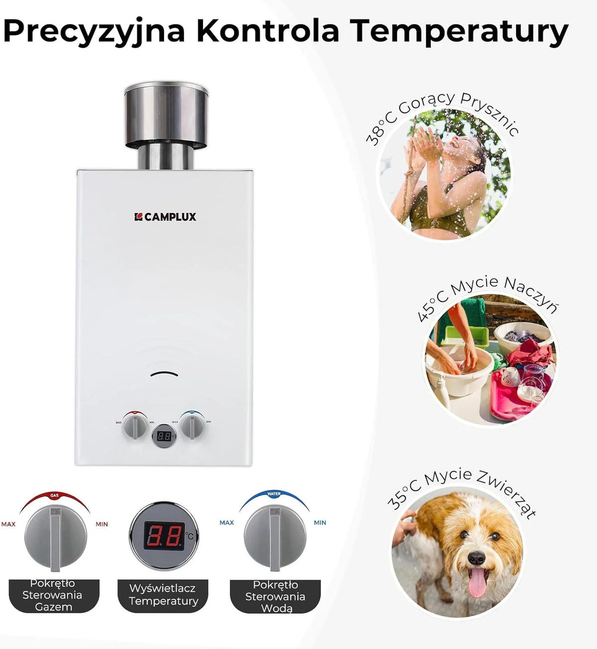 CAMPLUX 10 litrów gazowy podgrzewacz wody z pompą wodną BW264BCP120-DE, bezzbiornikowy zewnętrzny prysznic gazowy do mycia koni/kemping/podróży RV, 50mbar, LPG