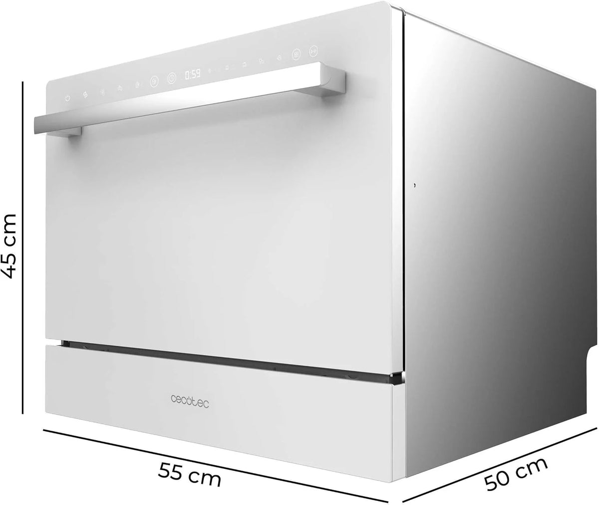Cecotec Kompaktowa zmywarka 6 sztućców Bolero Aguazero 2400 White Glass. 1380W, białe szkło wykończone, 5 programów, panel dotykowy sterowania, programowalny do 24 h, blokada Child Lock i kosz na