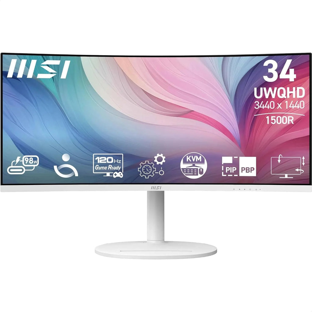MSI Nowoczesny MD342CQPW 34'' ekran PC UWQHD zakrzywiony 1500R - Panel VA 3440 x 1440, KVM, PIP/PBP, szeroka gama kolorów, komfort oczu, wbudowane głośniki, regulacja 3-osiowa - HDMI 2.0b, DP 1.4