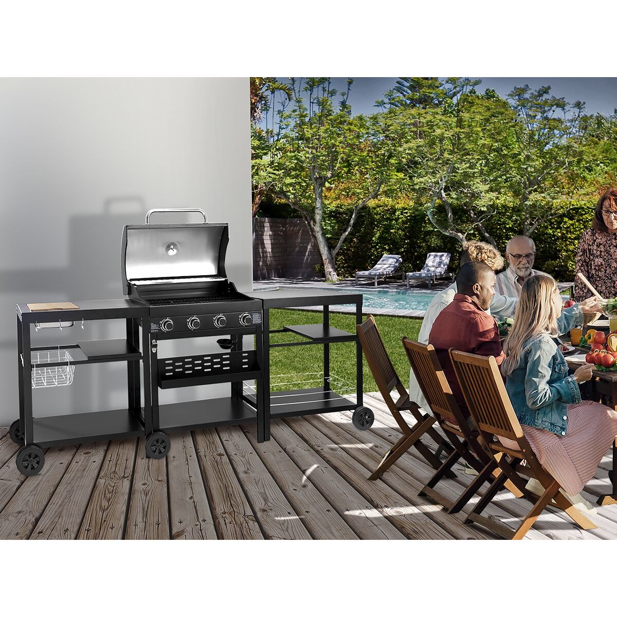 Grill gazowy do gotowania na świeżym powietrzu – 12 kW – 4 palniki – czarny