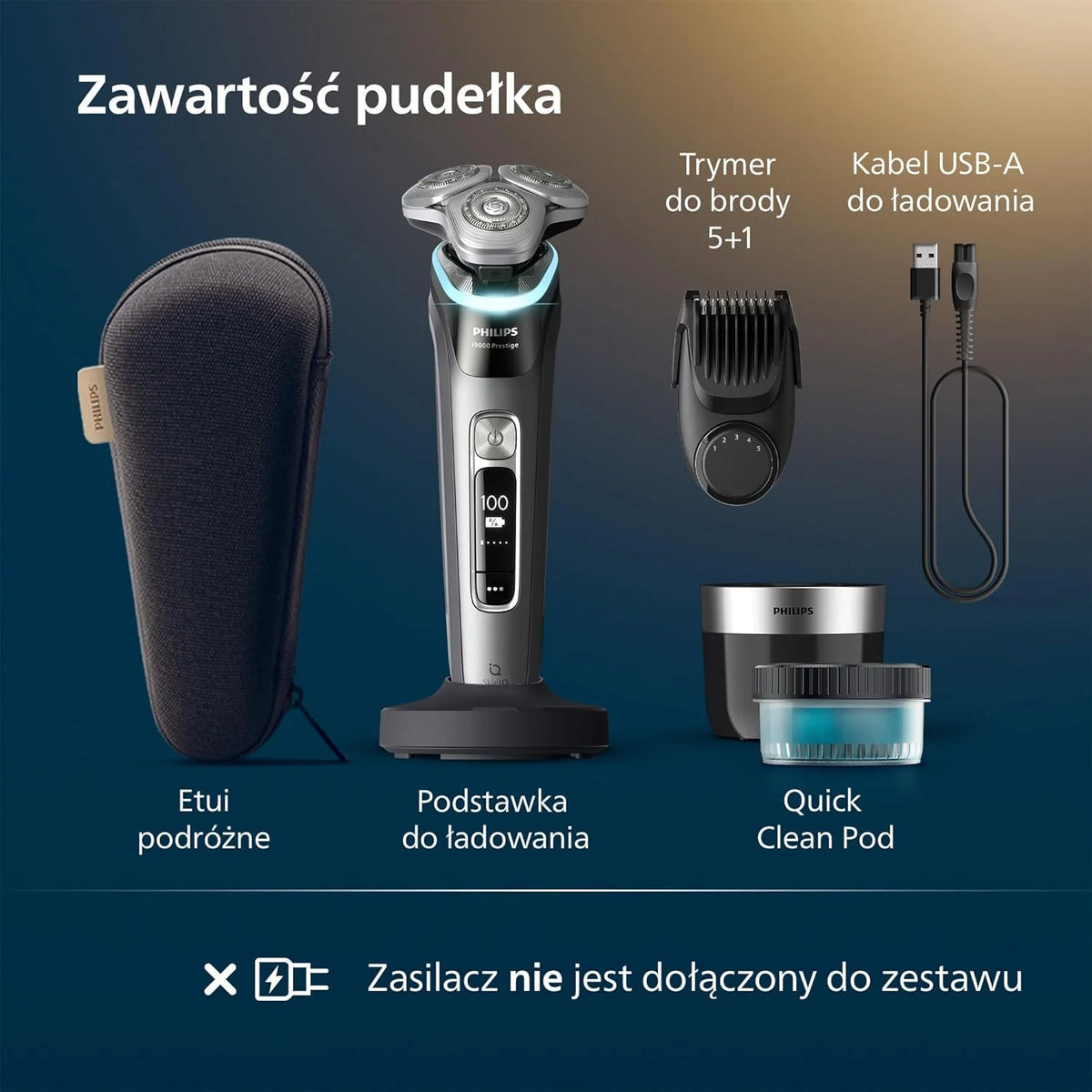 Philips Shaver i9000 Prestige, golarka elektryczna do golenia na sucho i mokro z technologią Skin IQ, System Triple Lift & Cut, podwójne ostrza SteelPrecision 360º, stylizator brody, Model XP9202/33