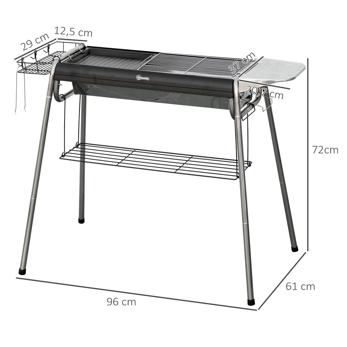 Grill węglowy Outsunny, stal nierdzewna, metal, 96x61x72 cm, czarny