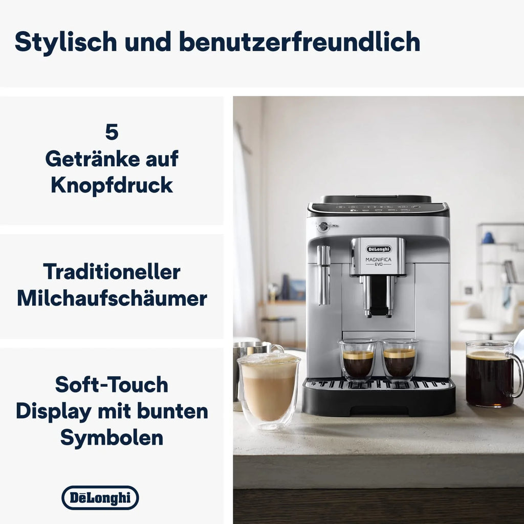De'Longhi Magnifica Evo Ecam 292.81.B W Pełni Automatyczny Ekspres do Kawy z Dyszą do Spieniania Mleka, 7 Przycisków do Różnych Rodzajów Kaw, Intuicyjny Panel Sterowania, 2 Filiżanki, Czarny