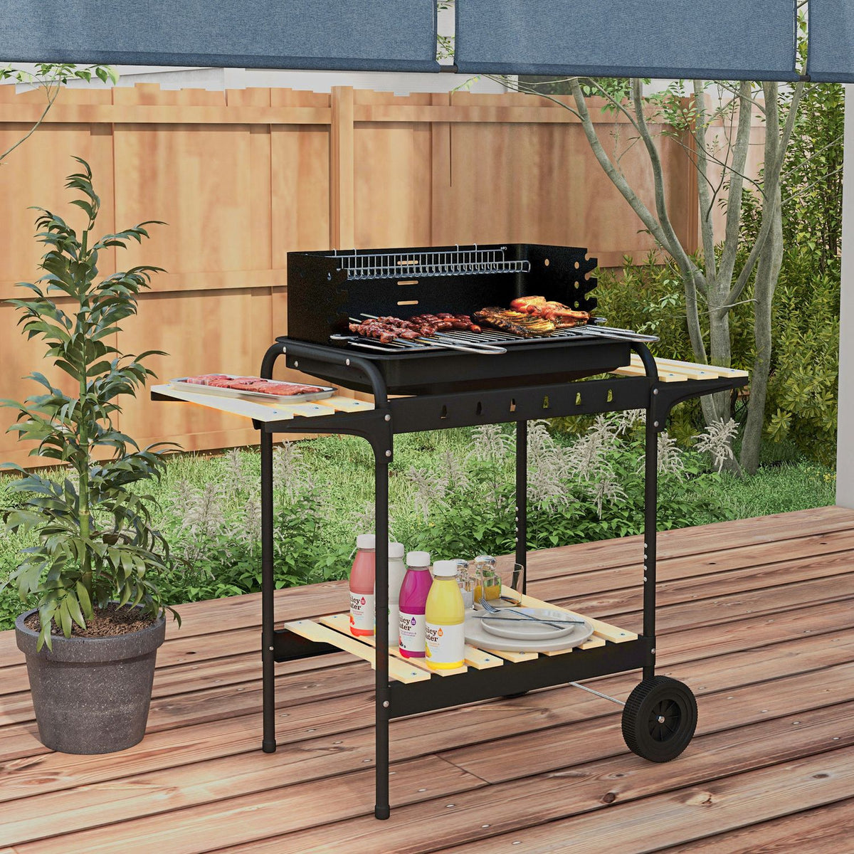 Grill węglowy Outsunny, metalowy, sosnowy, 103x47x95 cm, czarny