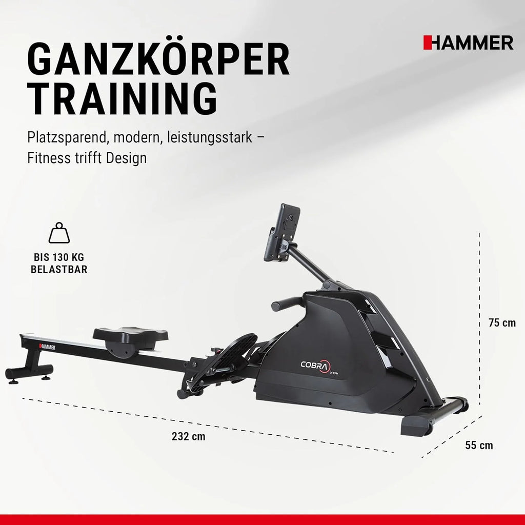 HAMMER Wioślarz Cobra XTR Plus II do domu – wioślarz z innowacyjnym komputerem treningowym, uchwytem na smartfon/tablet, do 130 kg wagi użytkownika, 232 x 55 x 75 cm, kolor czarny, 4532