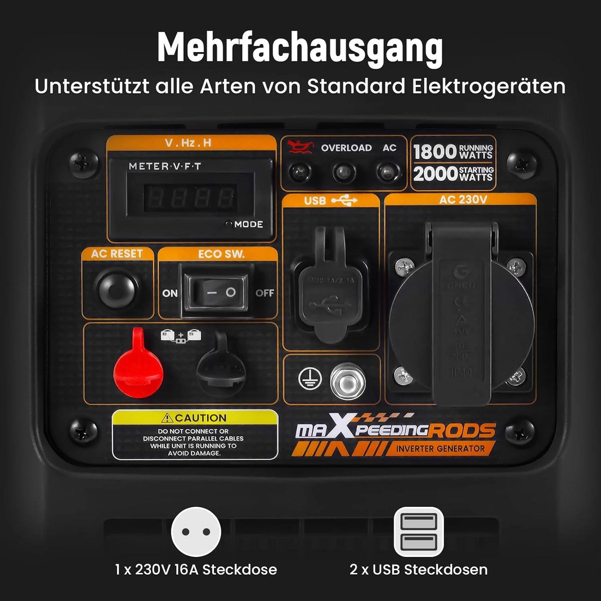 maXpeedingrods Inwerterowy generator prądu, 2000 W, benzynowy, 4-suwowy, z gniazdem USB i gniazdami 230 V, cyfrowy wyświetlacz, kompaktowy i lekki, na kemping, do podróży na świeżym powietrzu, kampera