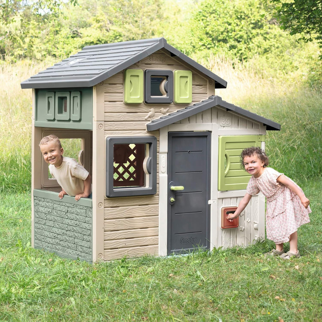 Smoby Life – domek zabaw Friends House EVO z 2 drzwiami, 6 oknami i wyjmowanym stołem piknikowym – wykonany z materiałów pochodzących z recyklingu, z ochroną UV, dla dzieci w wieku od 3 lat (7600810208)