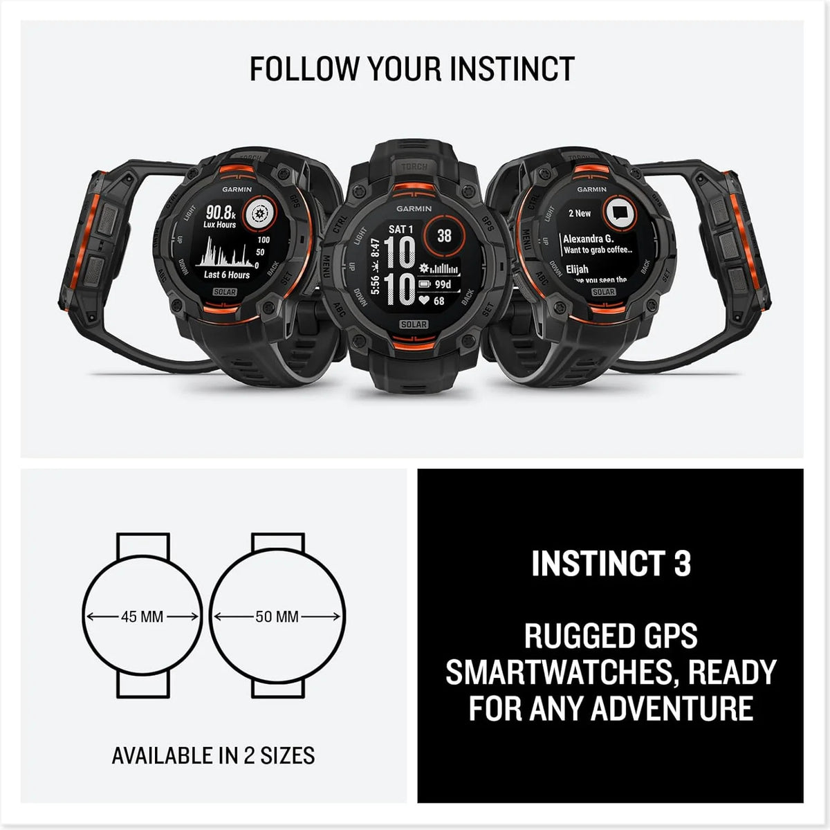 Garmin Instinct 3 SOLAR Wytrzymały Smartwatch GPS, 45 mm, Wbudowane Aplikacje Sportowe i Zdrowotne, Latarka LED, 10ATM, Sunburst