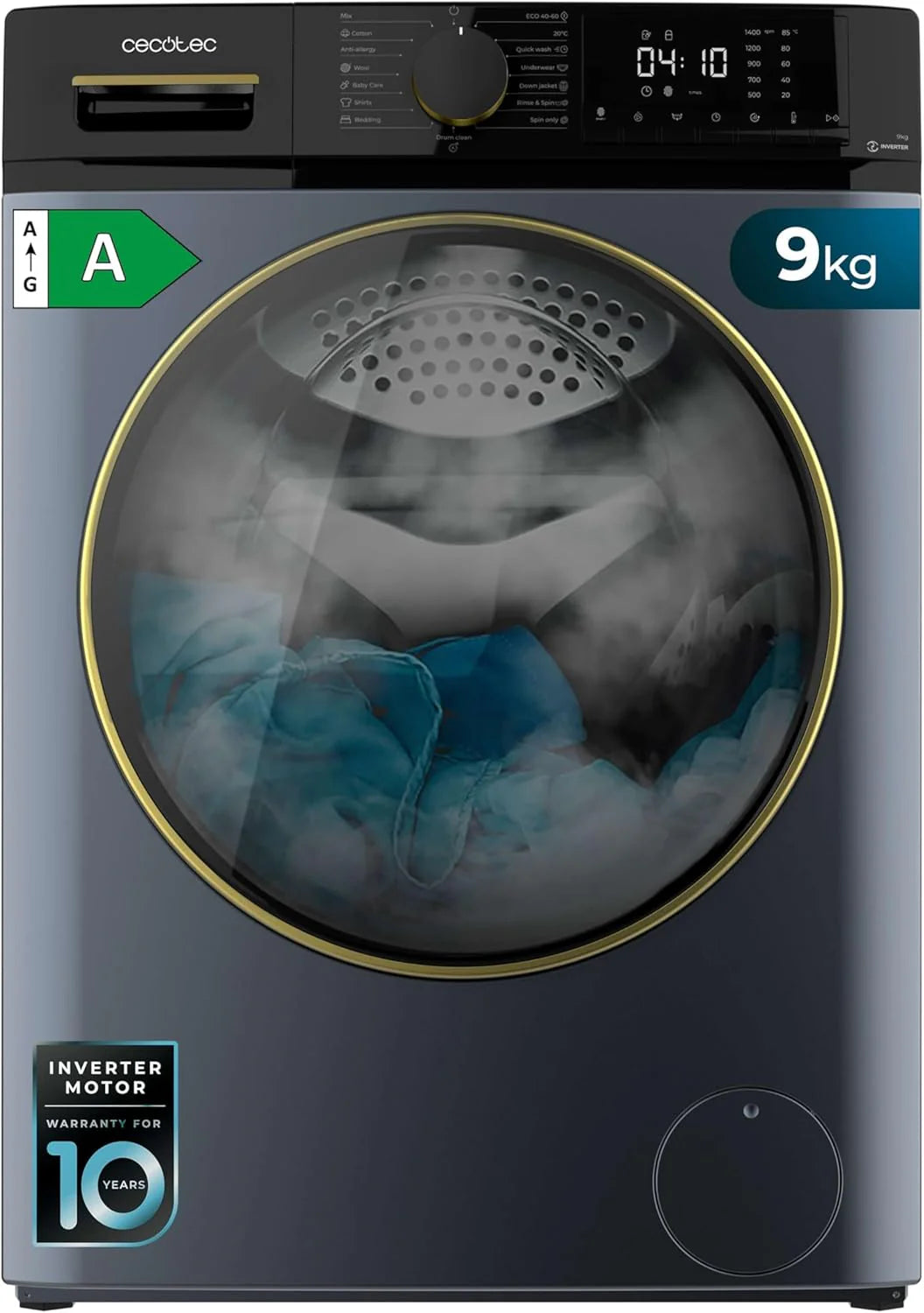 Cecotec Pralka przednia 9Kg Bolero Dresscode 9610 Inverter Blue Ice A. 2000 W, 1400 obr./min, funkcja pary, silnik Inverter Plus, 15 programów, optymalizuje poziom wody i czas prania