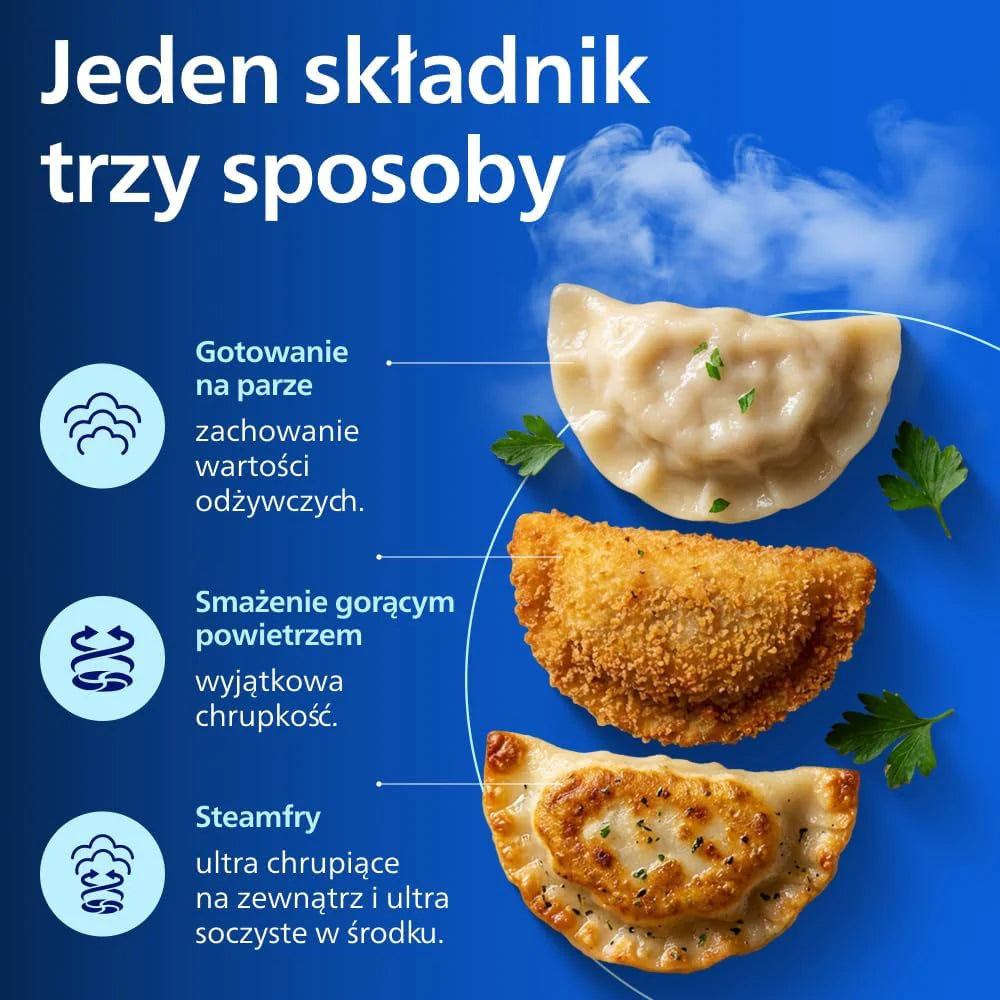 Philips Airfryer Ovi serii 5000 Megabasket z parą - Steamfry, Gotowanie na parze i Airfry, 28 metod gotowania; 9,5 l w Megabasket lub 3 l + 6 l w podwójnym koszu, RapidAir, czyszczenie parą (NA565/00)