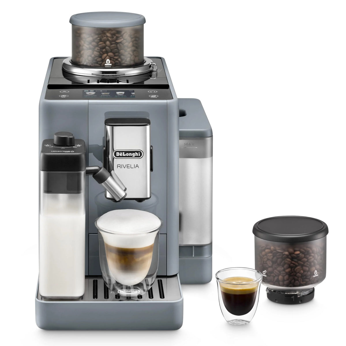 De'Longhi Rivelia EXAM440.55.G, superautomatyczny ekspres do kawy z LatteCrema Hot, automatyczny spieniacz do mleka, kompaktowy rozmiar, 16 przepisów, kolorowy ekran dotykowy, szary