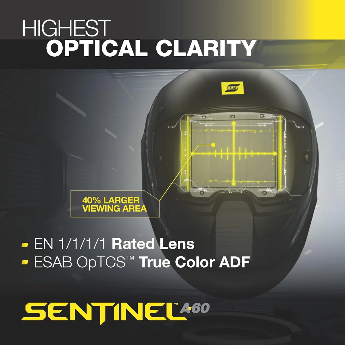 ESAB® Sentinel™ A60 kask spawalniczy, czarna, płaska konstrukcja, odporny na uderzenia nylon, duży obszar widzenia 11,8 x 7,1 cm
