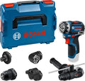 Bosch PRO 18V System Wiertarko-wkrętarka akumulatorowa GSR12V-32FC (wymienne uchwyty: GFA 12-M, GFA 12-X, GFA 12-E, GFA 12-W, GFA 12-H, rękojeść dodatkowa, ogranicznik głębokości, walizka L-BOXX)