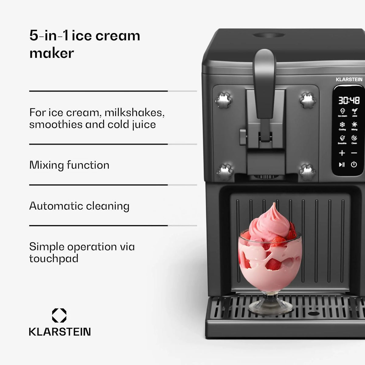 Klarstein Maszyna do lodów włoskich 1,5 l, z ekranem dotykowym, funkcją Keep-Cool, pojemność 5 l, specjalne urządzenia, do koktajli mlecznych i smoothie, funkcja samoczyszczenia, zdejmowany dzióbek,