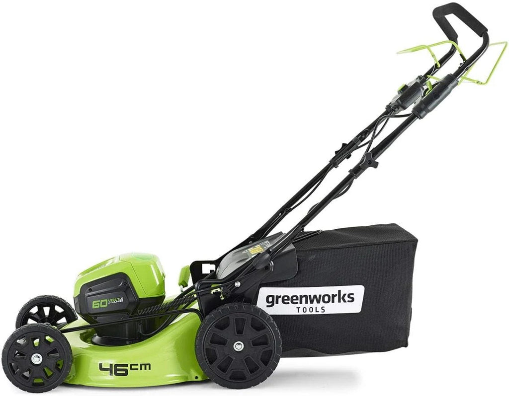 Kosiarka akumulatorowa Greenworks GD60LM46SP (Li-Ion 60V 46cm szerokość cięcia 3w1 Kosiarka Mulching Boczny wyrzut 55L taca na pickup wysokość cięcia 25 do 80 mm bez baterii i ładowarki)