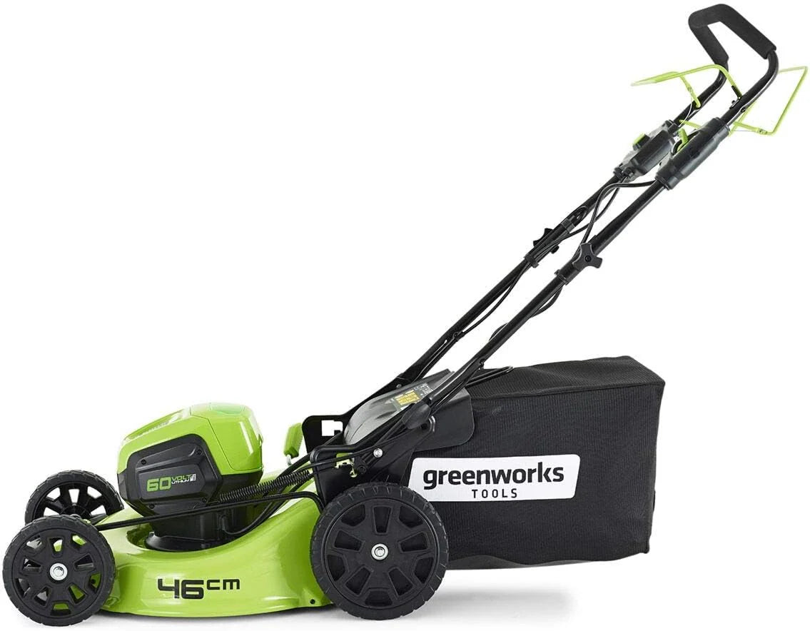 Kosiarka akumulatorowa Greenworks GD60LM46SP (Li-Ion 60V 46cm szerokość cięcia 3w1 Kosiarka Mulching Boczny wyrzut 55L taca na pickup wysokość cięcia 25 do 80 mm bez baterii i ładowarki)