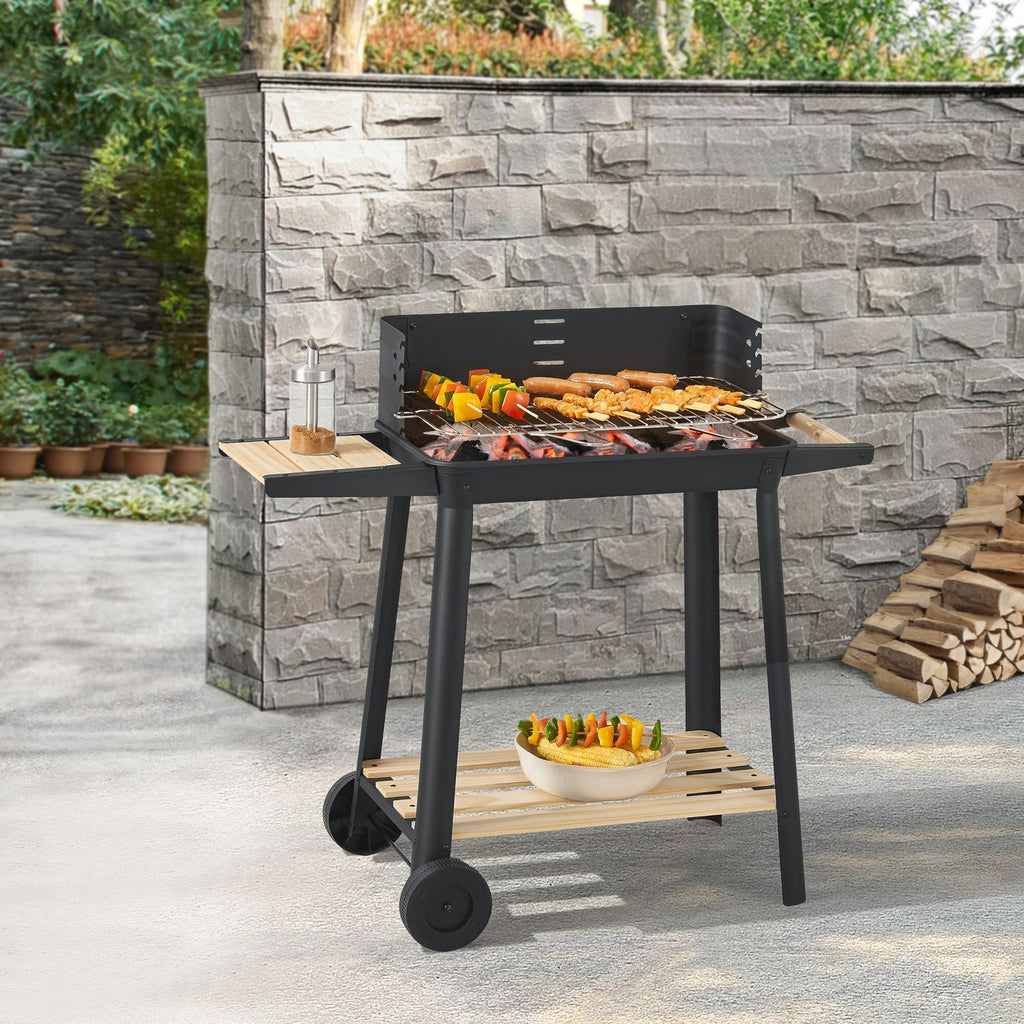 Grill węglowy Ari z 2 kółkami 78x86x30cm - czarny/drewno [casa.pro]