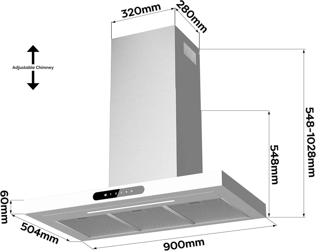 Ciarra Dynamic A+++ okap kuchenny 90 cm recyrkulacja CBCW9102 App SensorTouch sterowanie odprowadzanie powietrza okap wyciągowy 650 m³/h z możliwością przyciemniania oświetlenia LED okap ścienny stal