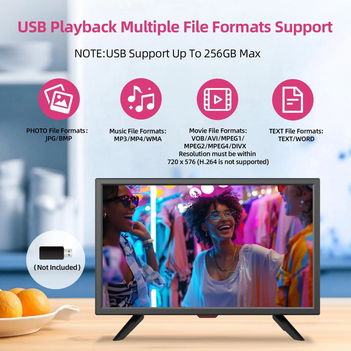 othoig 20-calowy telewizor, mały telewizor z płaskim ekranem kuchennym ze słuchawkami, portami HDMI, USB i VGA, kablem DV-12 V i zasilaczem sieciowym do użytku w sypialni i przyczepie kempingowej