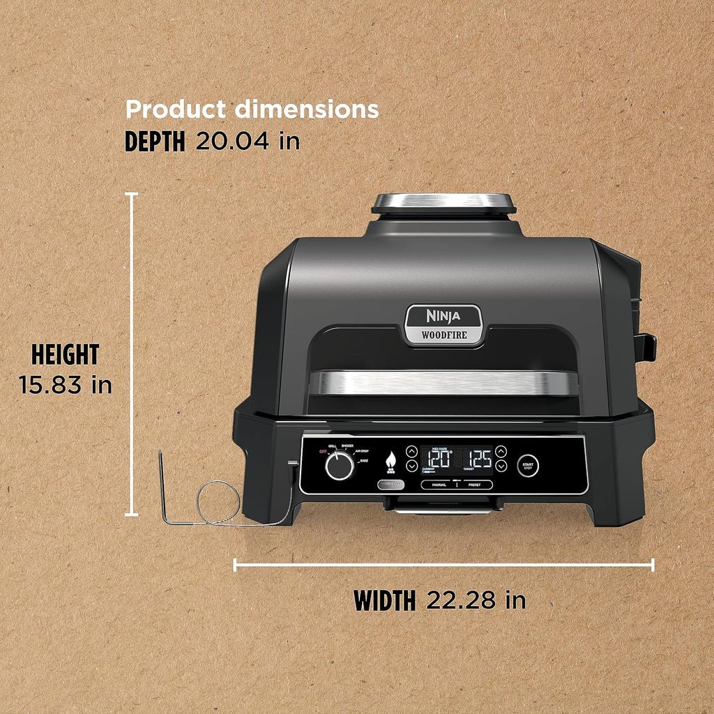 Grill i wędzarnia zewnętrzna Ninja Woodfire Pro XL 2026, termometr, grill Master 4 w 1, wędzarnia BBQ, frytkownica powietrzna na zewnątrz, piekarnik, przenośny, grill elektryczny, ciemnoszary, model OG850