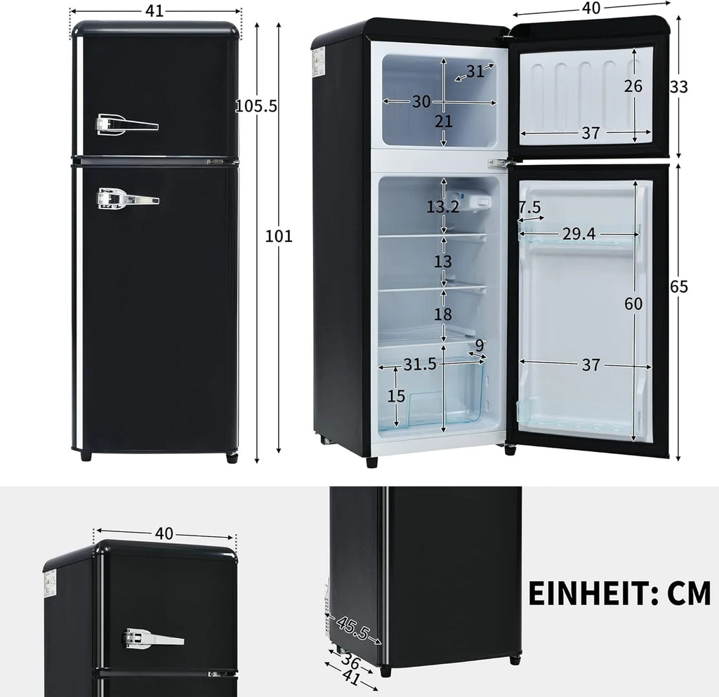 Lodówka w stylu retro, 92 l, zamrażarka 28 l, klasa energetyczna D, konstrukcja z dwoma drzwiami, do kuchni/salonu, kompaktowa wysokość: 105,5 cm, 7 poziomów temperatury, czynnik chłodniczy R600a