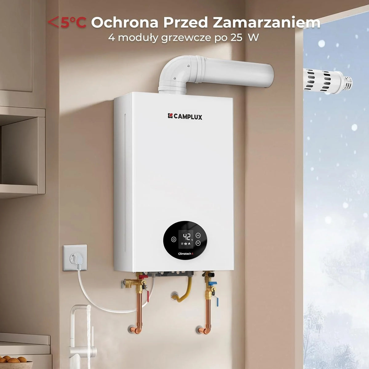 CAMPLUX Climitech 4 Gazowy Podgrzewacz Wody 12 L/min, Niski Poziom NOx/ErP, Gaz ziemny (Metan), 20mbar, do Łazienka/Kuchni/Balkonu, GX318NG
