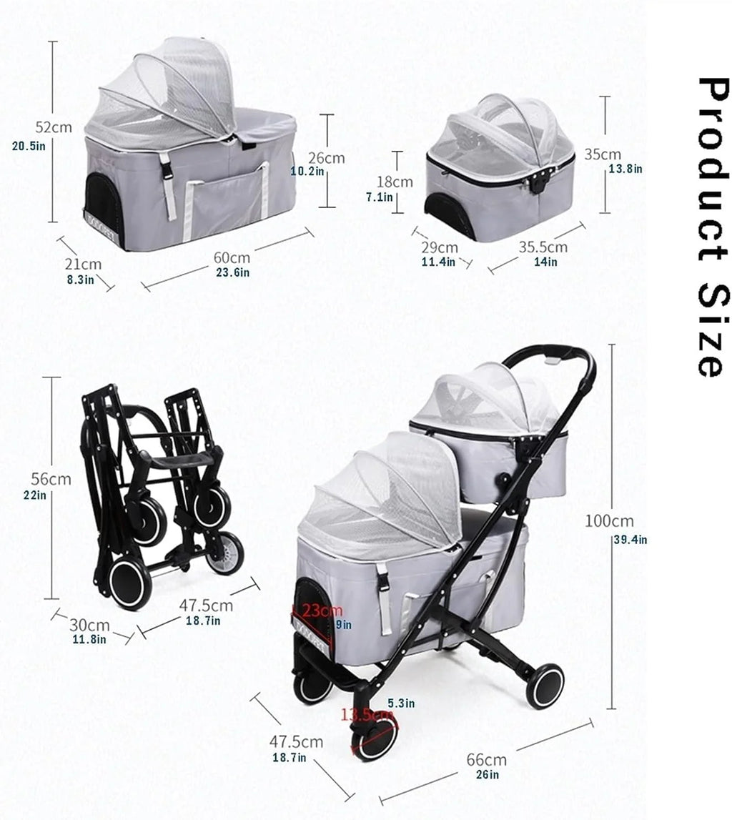 Dwuwarstwowe Wózki Dla Psów Premium Dla Dwóch Kotów Lub Psów - Wózek Twin Pet Z Odpinanym Transporterem Podróżnym, Idealny Dla Wielu Zwierząt Domowych, Purple