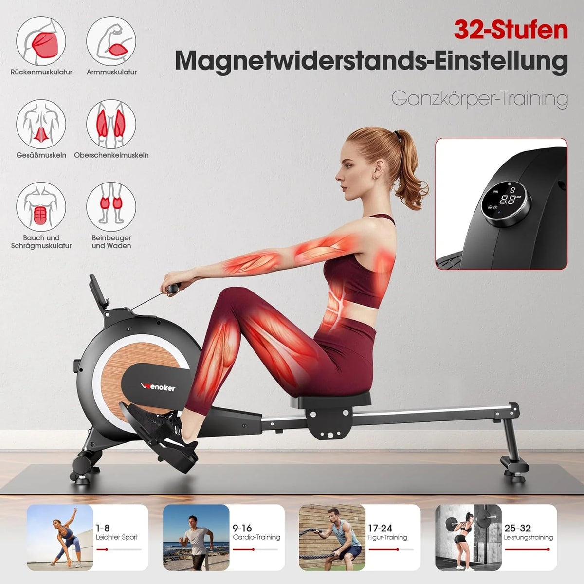 Wenoker Wioślarz do domu, magnetyczny wioślarz z aplikacją i wyświetlaczem LCD, 32 poziomy oporu, ciche urządzenie wioślarskie do treningu cardio, obciążenie 160 kg, możliwość przechowywania w pionie
