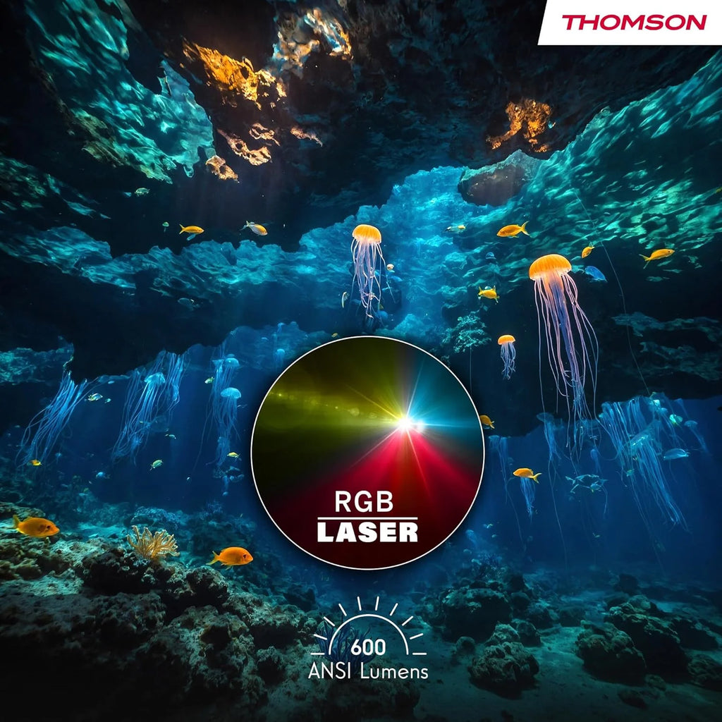 Thomson Sirius PG55B Inteligentny Projektor Laserowy RGB, Bardzo Krótki Rzut, Full HD 1080p, Google TV, 600 ANSI, Autofocus, HDR10+, Dolby Digital+, Bateria, WiFi, Bluetooth