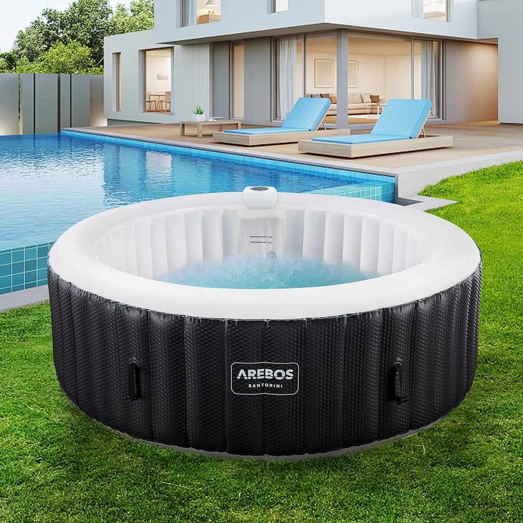 Arebos Nadmuchiwane Spa | Automatyczny nadmuchiwany | do wnętrz i na zewnątrz | 208 cm | 6 osób | Listwa świetlna LED | 130 dysz masujących | 1000 litrów | z pokrywką | Spa i dobre samopoczucie
