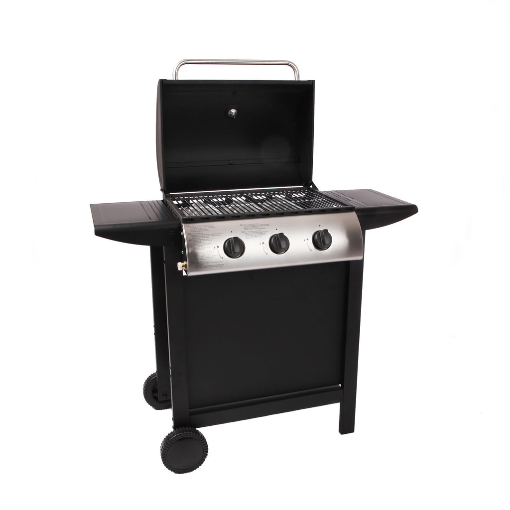Lofoten - 8,4 kW, 3-palnikowy grill gazowy na kółkach, do użytku na zewnątrz, z pokrywą, 2 chromowanymi rusztami, 2 bocznymi półkami, 1 dolną tacką i termometrem - czarny