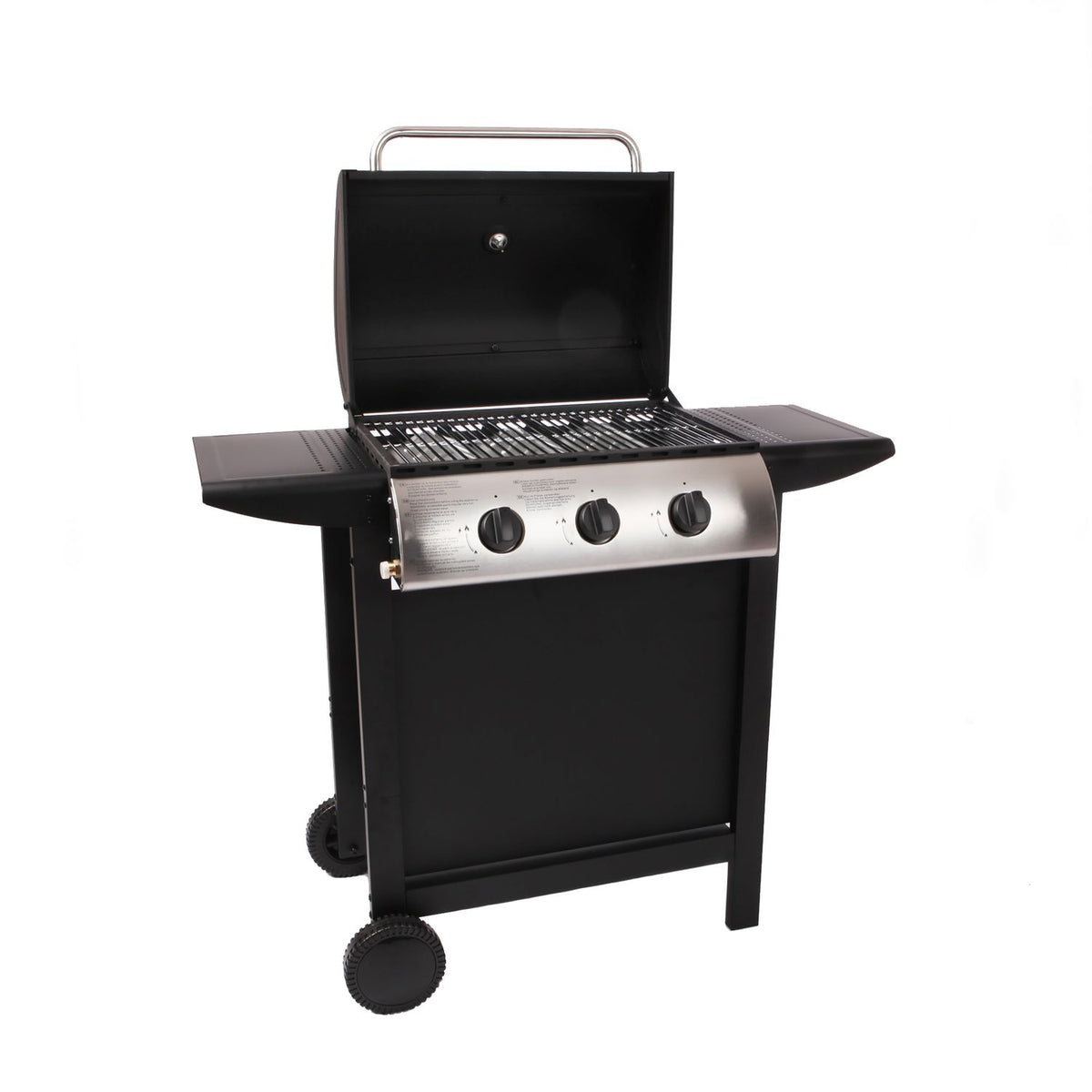 Lofoten - 8,4 kW, 3-palnikowy grill gazowy na kółkach, do użytku na zewnątrz, z pokrywą, 2 chromowanymi rusztami, 2 bocznymi półkami, 1 dolną tacką i termometrem - czarny