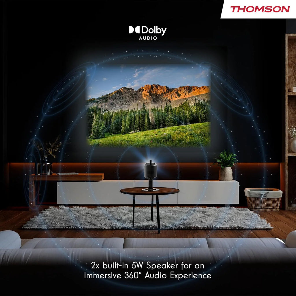 Thomson Sirius PG55B Inteligentny Projektor Laserowy RGB, Bardzo Krótki Rzut, Full HD 1080p, Google TV, 600 ANSI, Autofocus, HDR10+, Dolby Digital+, Bateria, WiFi, Bluetooth