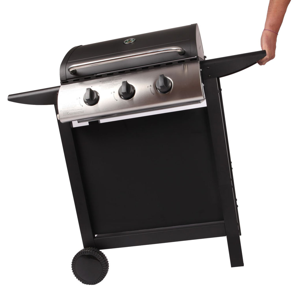 Lofoten - 8,4 kW, 3-palnikowy grill gazowy na kółkach, do użytku na zewnątrz, z pokrywą, 2 chromowanymi rusztami, 2 bocznymi półkami, 1 dolną tacką i termometrem - czarny