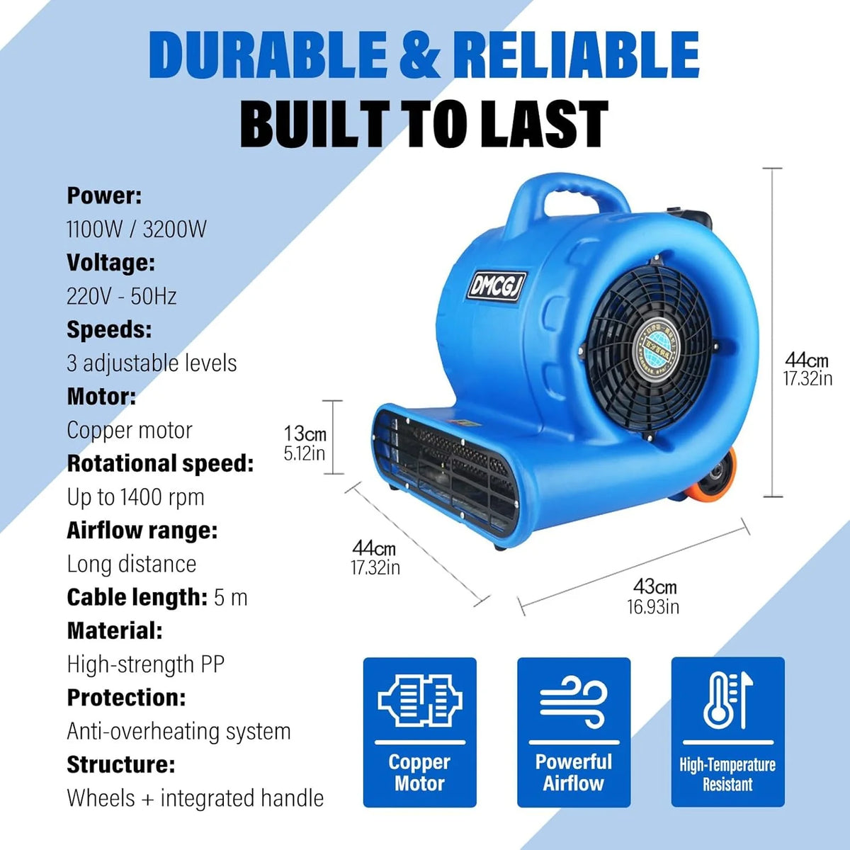 Wentylator Przemysłowy 1100w 3200w Osuszacz Podłóg Z 3 Biegami Do Szybkiego Suszenia Mokrych Podłóg Dywanów Garaż Piwnica Hotel Warsztat I Magazyn Przemysłowy(3200W)