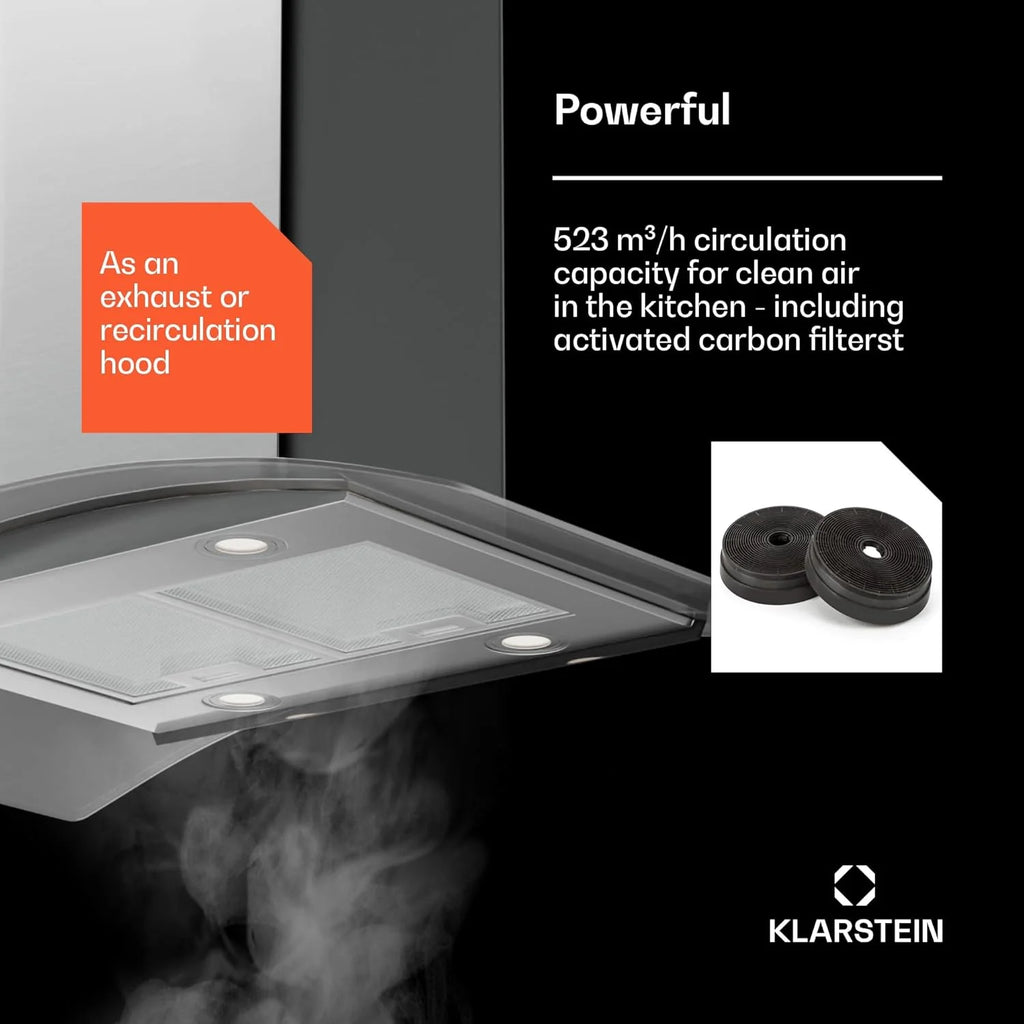 Klarstein Okap kuchenny 90 cm, z filtrem nadającym się do mycia w zmywarce, oświetleniem LED i sterowaniem dotykowym, cichy okap kuchenny z przepływem powietrza 600 m³/h, energooszczędne okapy ścienne