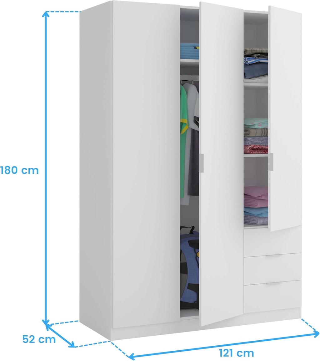 Szafa ubraniowa Habitdesign z trzema drzwiami i trzema szufladami, wykończenie w kolorze Artic White, wymiary: 121 cm (szer.) x 180 cm (wys.) x 52 cm (gł.)