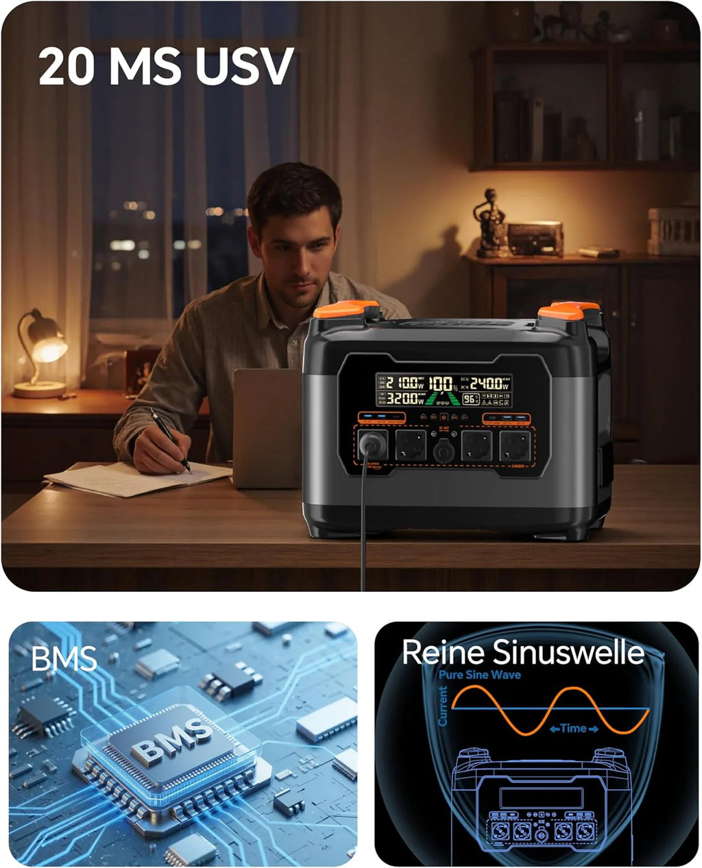 S2400 przenośna stacja zasilająca 2047,5 Wh/2400 W (szczyt 4000 W), elektrownia balkonowa z pamięcią, wielofunkcyjny akumulator z mikroinwerterem, DC 24 V/MPPT 1200 W, generator solarny do