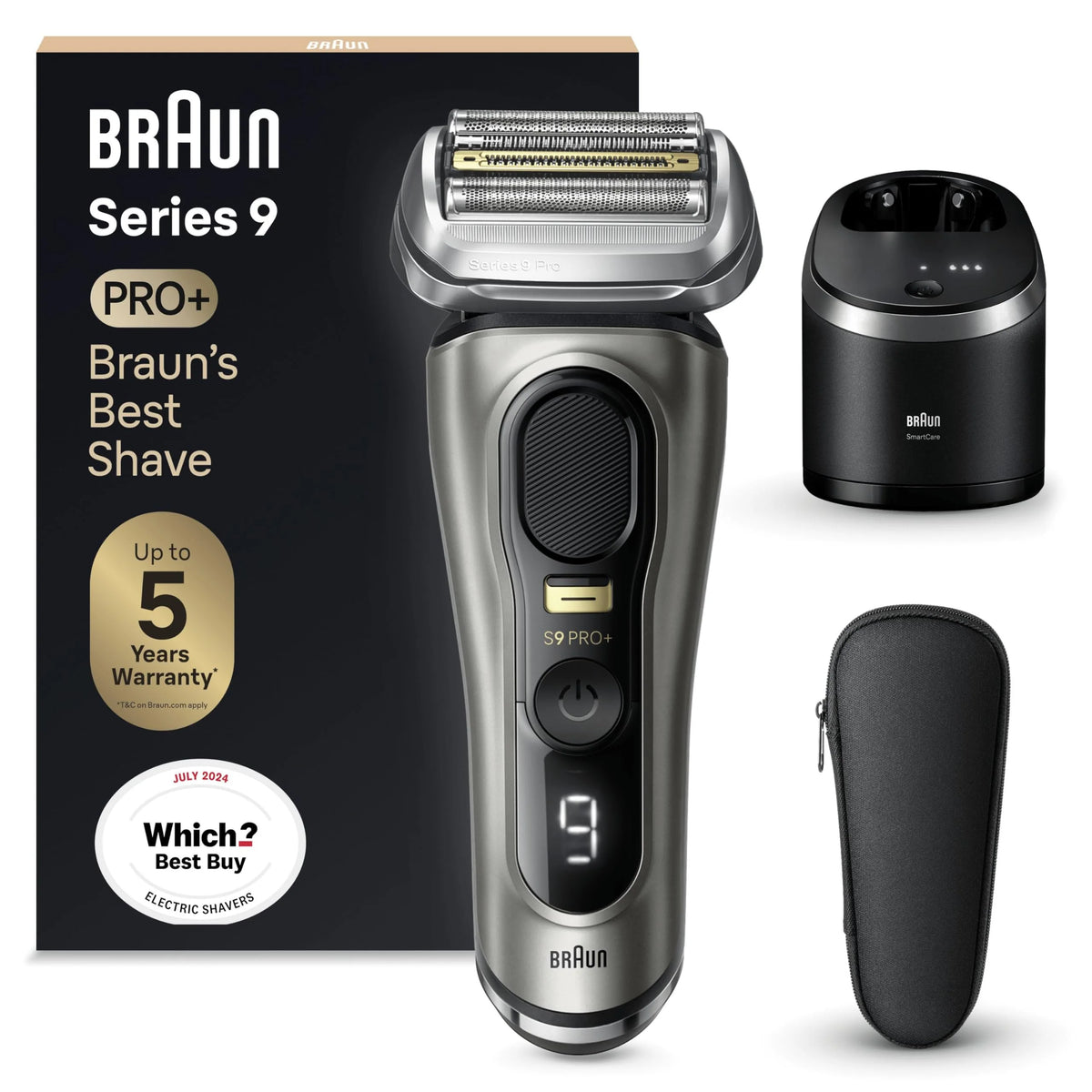 Braun Golarka elektryczna Series 9 Pro z głowicą 4+1, elektryczna maszynka do golenia dla mężczyzn z trymerem ProLift, centrum SmartCare 5 w 1 i skórzanym etui podróżnym, 2-pinowa wtyczka p