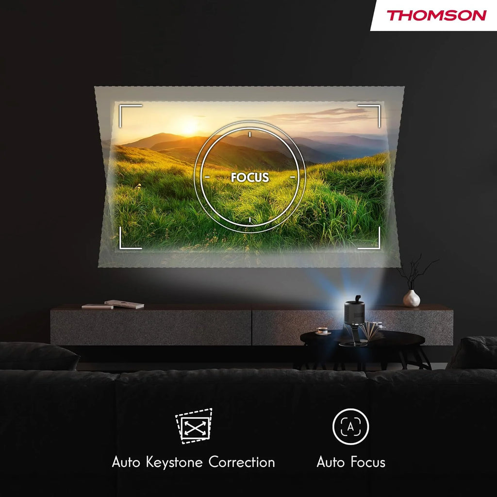 Thomson Sirius PG55B Inteligentny Projektor Laserowy RGB, Bardzo Krótki Rzut, Full HD 1080p, Google TV, 600 ANSI, Autofocus, HDR10+, Dolby Digital+, Bateria, WiFi, Bluetooth